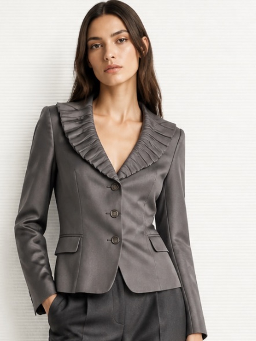 ARMANI COLLEZIONI Blazer Jacket V Neck Pleated Ruffle Gray Silk Italy Elegant 6